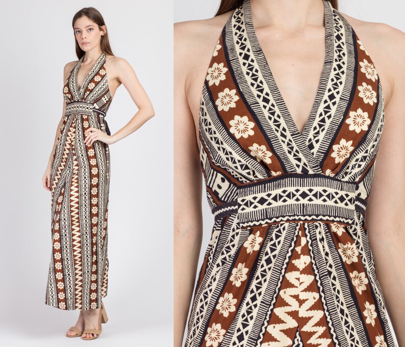 Vintage Floral Tiki Print Hippie Summer Sundress 70s Lanz Originals Boho Halter Maxi Dress Extra Small