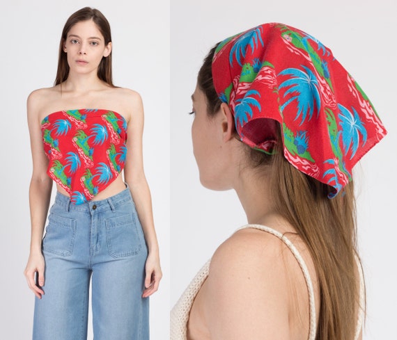 70s Boho Palm Tree Print Bandana Head Scarf | Vin… - image 1