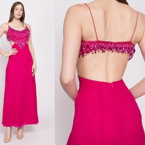 XS 90s Hot Pink Silk Sequin Showgirl Evening Gown As Is Vintage Backless Cutout Sleeveless Formal Maxi Dress image 1