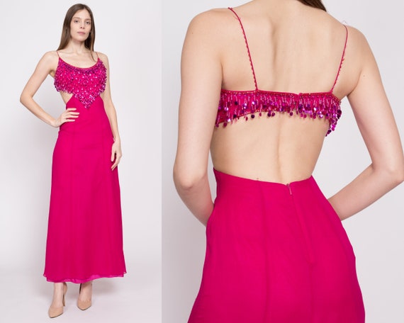 XS 90s Hot Pink Silk Sequin Showgirl Evening Gown as is Vintage Backless  Cutout Sleeveless Formal Maxi Dress 