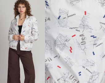 Grande veste zippée aux Jeux olympiques de Los Angeles de 1984 pour hommes | vintage années 80 Blanc Unisexe Léger All Over Map Print Zip Up Coupe-vent