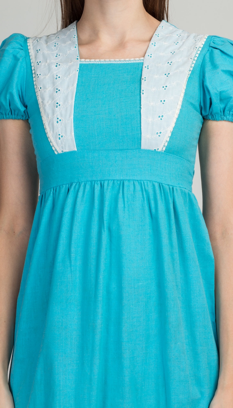 70s Blue & White Prairie Dress Girls Size 12 Vintage Children's Boho Puff Sleeve Maxi Dress image 6