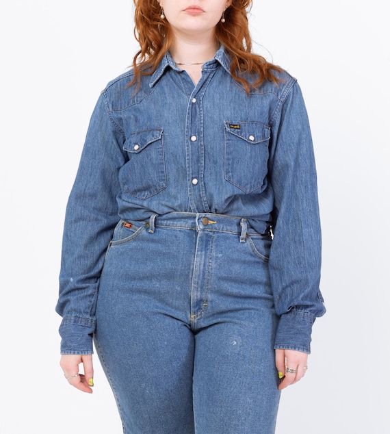Chemise Vintage Sears Denim Perles – Style Western Hippie Woodstock – Années 60/70 – Taille L