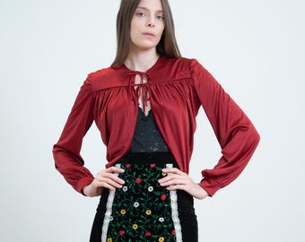 Vintage 70s Wine Red Petal Hem Bolero - XS to Small | Boho Tie Front Crop Top