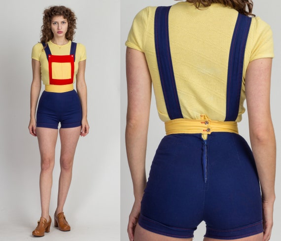 60s Color Block Overall Shorts Extra Small | Vint… - image 1