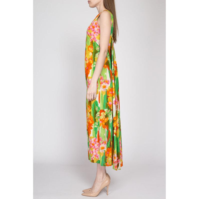 Small 60s Kaanapali Hawaiian Floral Watteau Maxi Dress Vintage Resort Wear Draped Back Column Kaftan Sundress image 5