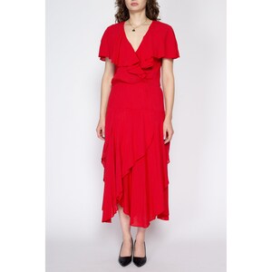 Medium 80s Red Flowy Capelet Maxi Dress Boho Vintage Flutter Sleeve V Neck Tiered Dress image 3