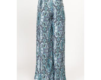 XS Y2K Blue Silk Baroque Floral Wide Leg Pants | Vintage