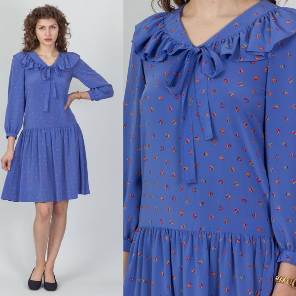 80s Cornflower Blue Ruffled Sailor Collar Dress Extra Small | Vintage Neiman Marcus 3/4 Sleeve Drop Waist Mini Dress