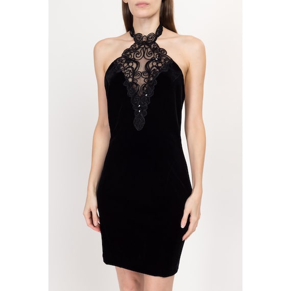 Small 80s Black Velvet Lace Choker Party Dress