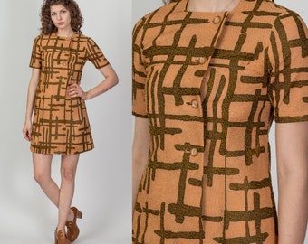 1960s Tiki Embroidered Button Up Shift Dress Extra Small | Vintage 60s Short Sleeve Mini Dress