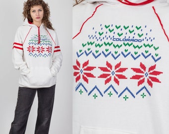 Large 80s Colorado Tourist Hoodie Men's | Vintage White Red 8-Bit Graphic Hooded Sweatshirt
