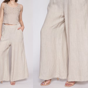 90s Linen Wide Leg Palazzo Pants Medium to Large | Vintage Flowy Bell Bottom Lounge Pants