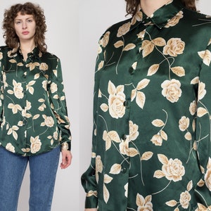 Large 90s Forest Green Floral Satin Blouse | Vintage Long Sleeve Button Up Rose Print Collared Shirt