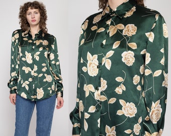 Large 90s Forest Green Floral Satin Blouse | Vintage Long Sleeve Button Up Rose Print Collared Shirt