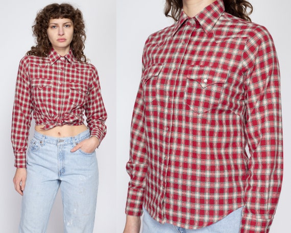 Medium 70s Red Plaid Pearl Snap Shirt | Vintage R… - image 1