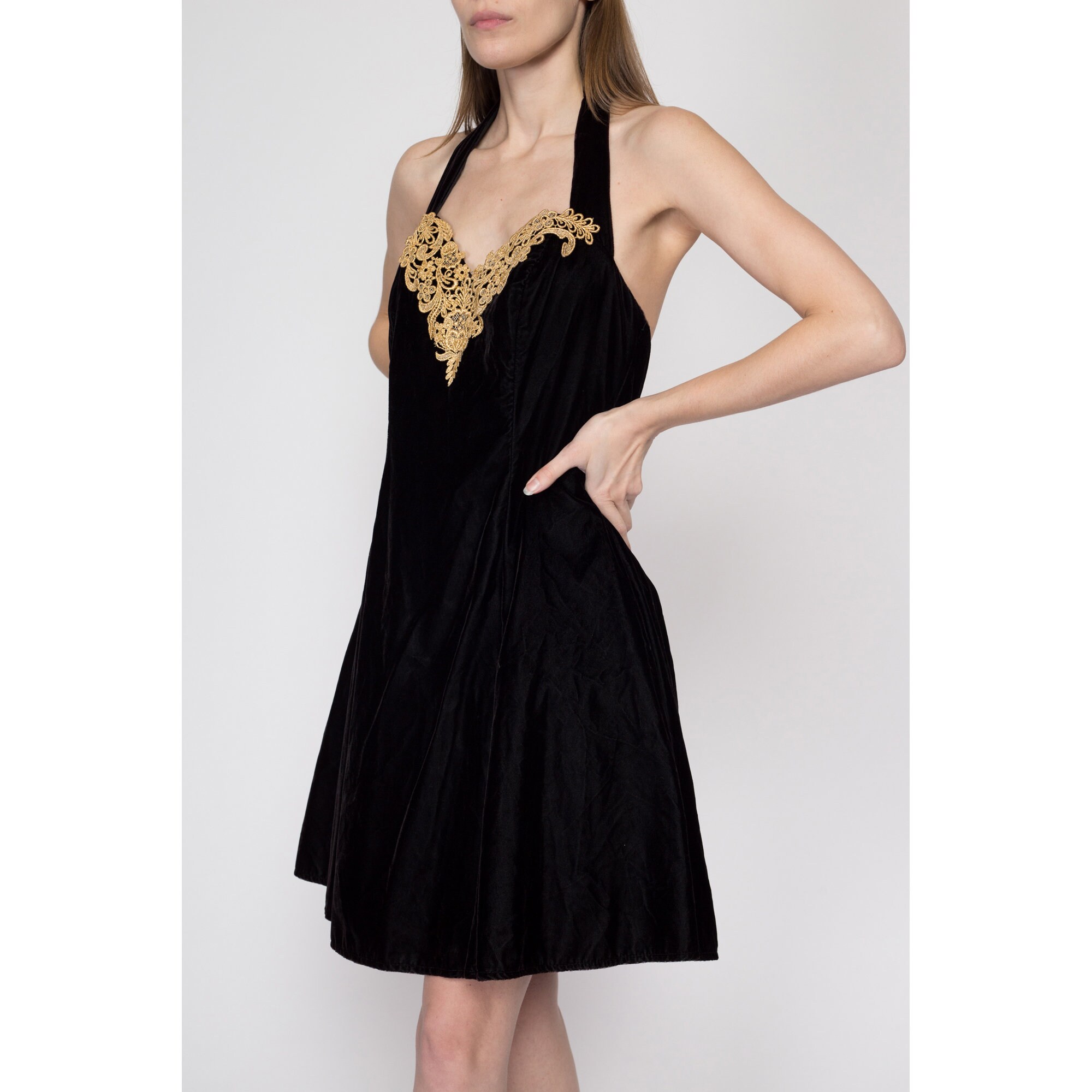 Medium 80s Black Velvet Halter Party Dress | Vintage Fit & Flare Gold ...