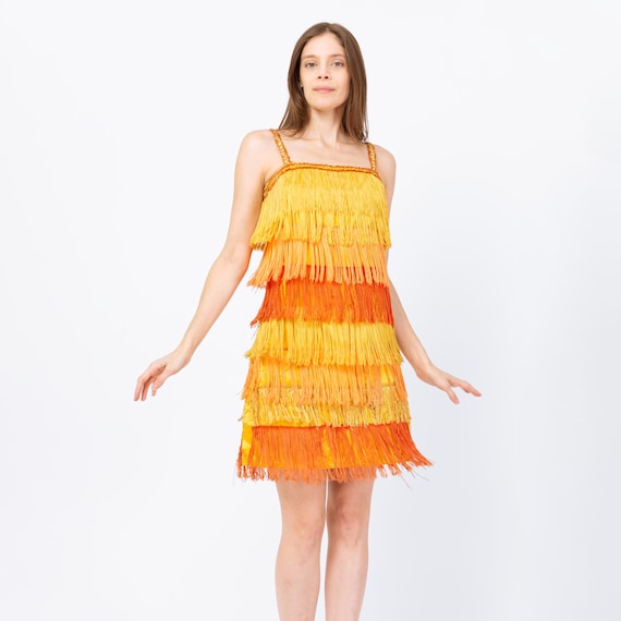 Vintage 60s Yellow & Orange Fringe Flapper Dress - Extra Small