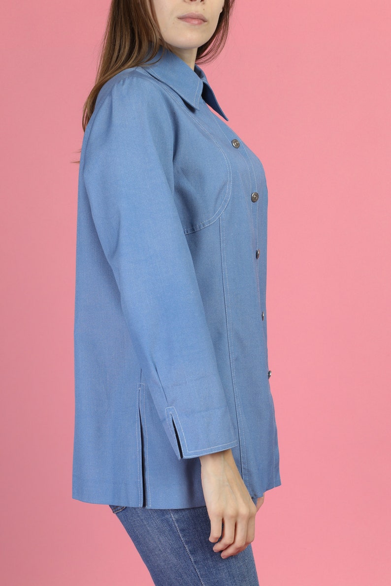 Medium 70s Mod Blue Pointed Collar Shirt Vintage Button Up Long Sleeve Overshirt Disco Top