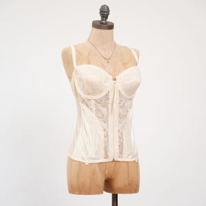 Vintage 80s Ivory Satin & Lace Zip Up Bustier - 38C | Lingerie Longline Garter Corset Top