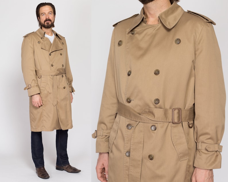 Large 80s London Fog Maincoats Khaki Belted Trench Coat 44 Regular Vintage Double Breasted Long Button Up Duster Jacket image 1