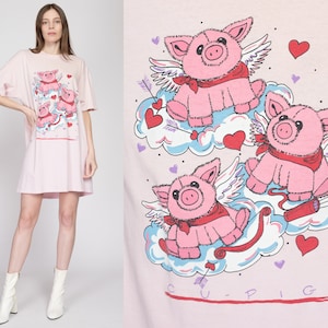 One Size 80s Cupigs Valentine's Day Sleep Shirt Vintage Cute Pig Graphic Cartoon Pajama Mini T Shirt Dress image 1