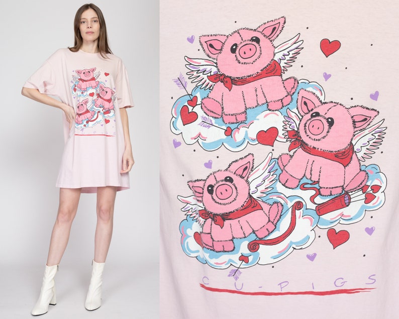 One Size 80s Cupigs Valentine's Day Sleep Shirt Vintage Cute Pig Graphic Cartoon Pajama Mini T Shirt Dress image 1