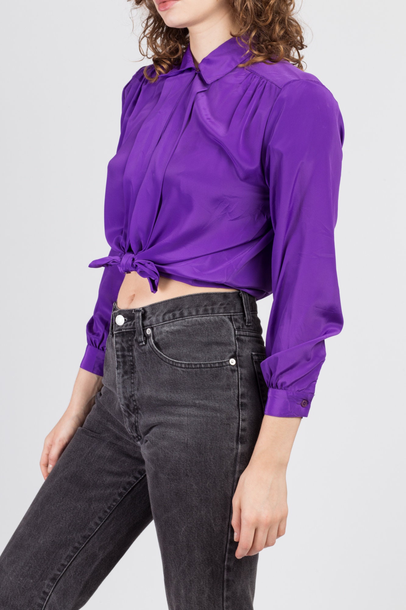 80s Purple Pleated Blouse Petite Small Vintage Long Sleeve | Etsy