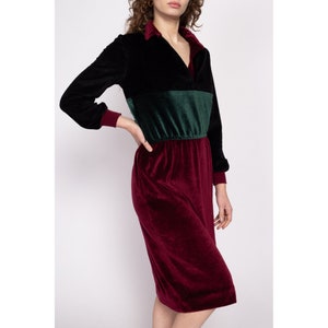 70s Jewel Tone Velour Midi Shirtdress Medium to Large Vintage Color Block Long Sleeve Collared Dress image 4