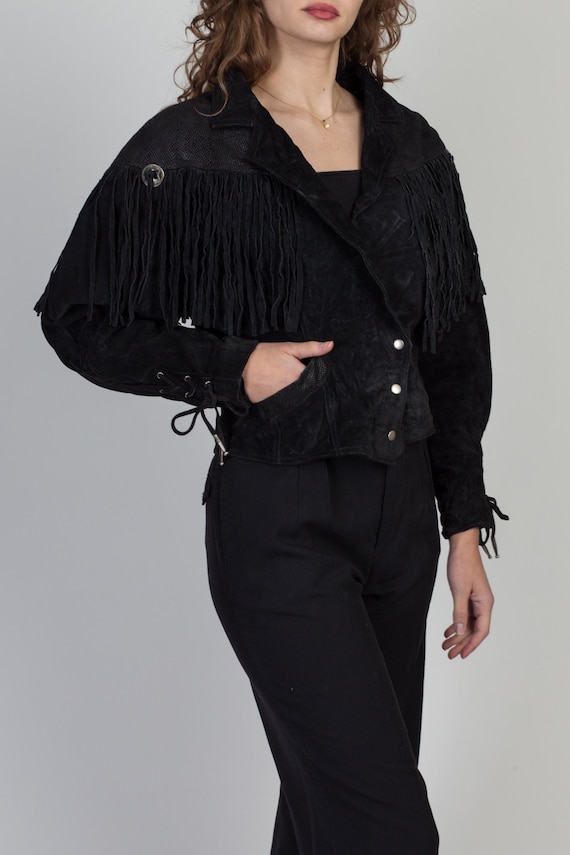 Vintage 80s Black Suede Fringe Crop Jacket Medium… - image 3