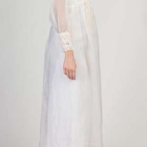 60s 70s Emma Domb White Swiss Dot Maxi Dress, As Is Petite XS Vintage Crochet Trim Boho Empire Waist Gown image 5