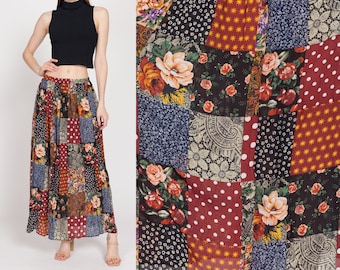 Large 90s Boho Floral Patchwork Maxi Skirt | Vintage Sheer Elastic Waist Flowy Hippie Skirt