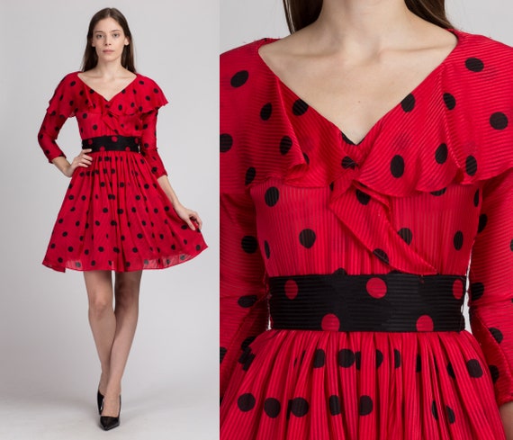 Vintage Red & Black Silk Polka Dot Party Dress - E