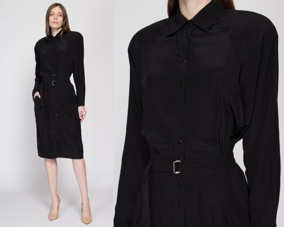 Small 80s Black Silk Dolman Sleeve Shirtdress | V… - image 1