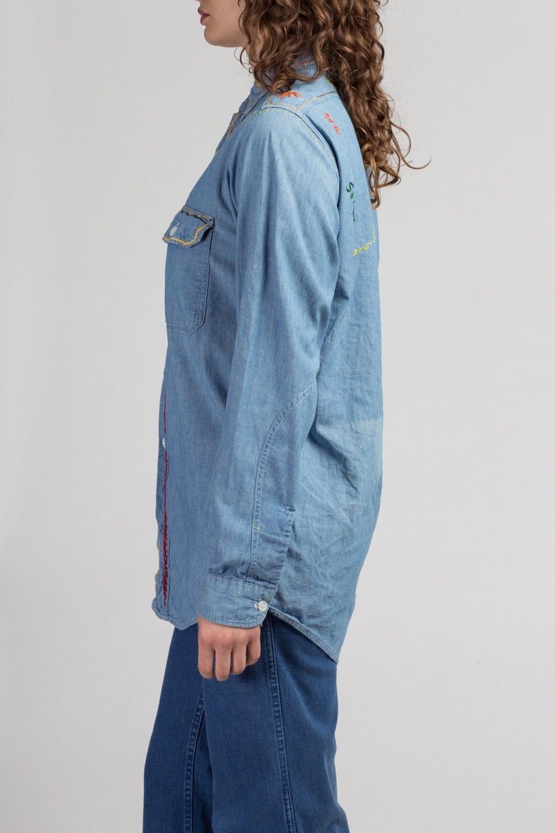 70s Chambray Embroidered Souvenir Shirt Vintage Unisex Button Up Western Style Retro Top Medium to Large