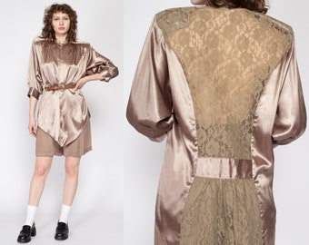 XL 80er Jahre Shiny Taupe Satin Open Fit Bluse | Vintage Sheer Lace Back Long Shirt