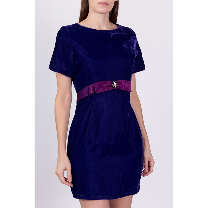80s Royal Purple Velvet Party Dress Medium Vintage Satin Trim Retro Scoop Neck Short Sleeve Mini Dress image 3