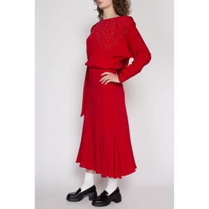 Small 80s Casadei Red Draped Back Midi Dress Vintage Designer Long Sleeve Blouson Shirtdress image 3