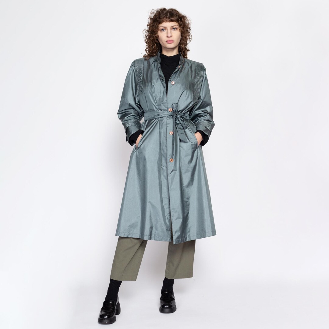 Small 80s Shiny Belted Slate Blue Trench Coat | Vintage Chiango Fleet ...