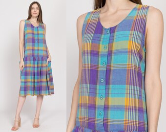 Medium 90s Grunge Madras Plaid Cotton Pinafore Dress | Vintage Blue Purple Oversize Midi Pocket Jumper Dress