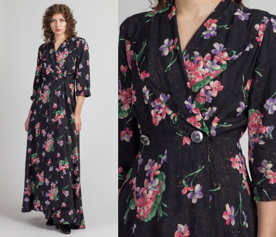 Vintage 1940s Black Floral Robe - Small | 40s Sayb