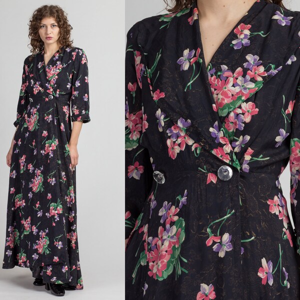 Vintage 1940s Black Floral Robe - Small | 40s Saybury Old Hollywood Long Sleeve Maxi Dressing Gown