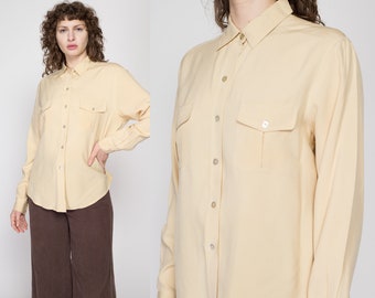 Large 90s Butter Yellow Silk Abalone Button Up Blouse | Vintage Minimalist Oversize Long Sleeve Collared Shirt