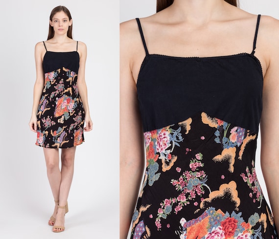90s Black Floral Mini Sundress - Small | Vintage A