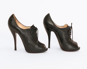 Christian Louboutin Black Leather Lace-Up Booties - Size 36.5 | Designer Peep Toe Stiletto Heels