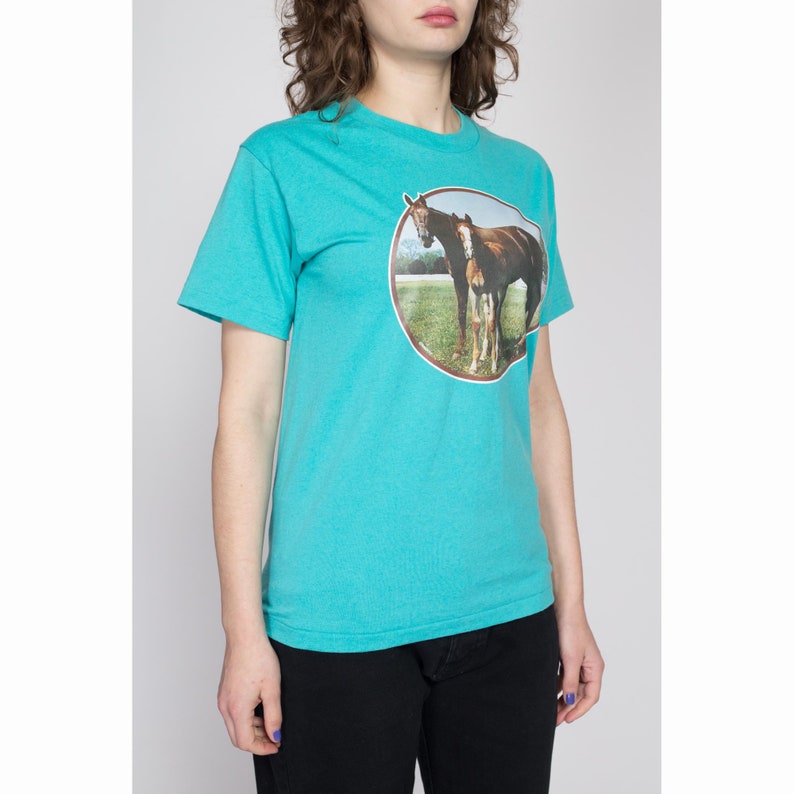 Medium 90s Horse Iron-On Graphic T Shirt Vintage Turquoise Blue Mare & Foal Animal Tee image 4