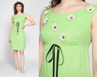 Small 60s Jody California Daisy Mini Dress | Vintage Bright Green Sleeveless Floral A Line Dress