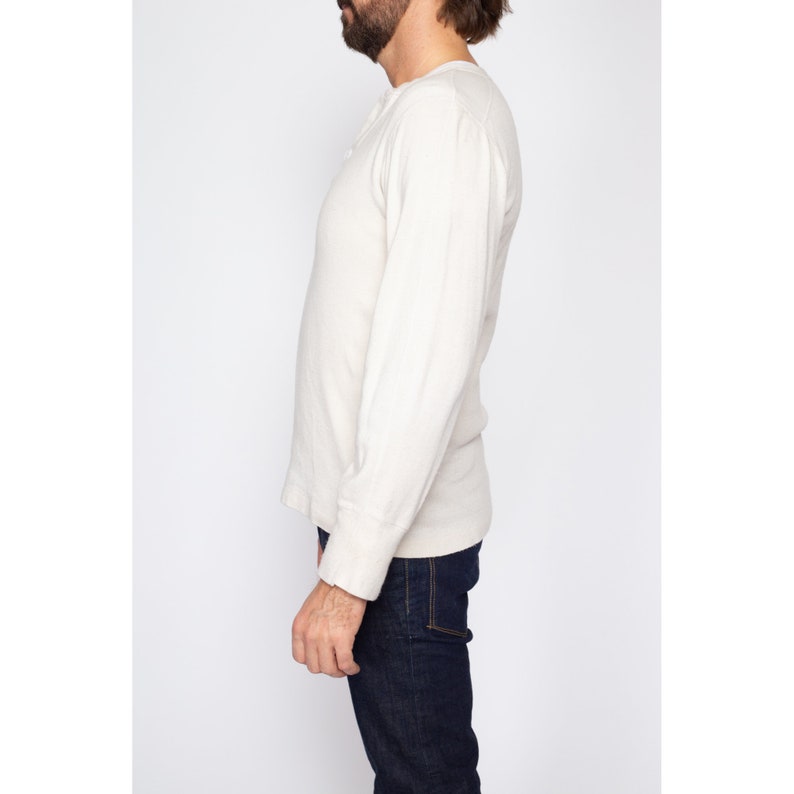 Medium 70s White Cotton Henley Thermal Shirt Vintage Plain Long Sleeve Undershirt Top image 3