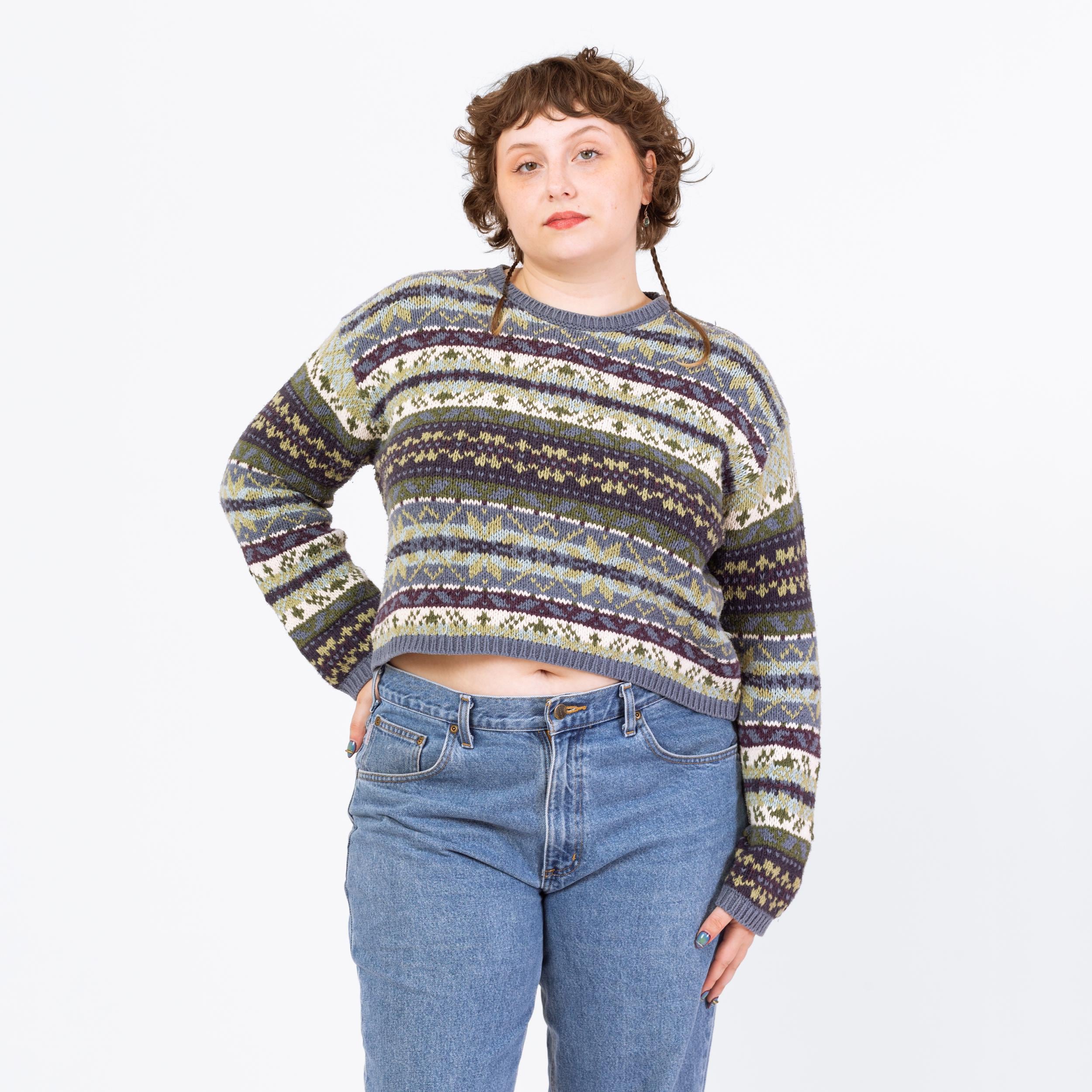 Vintage 90s Eddie Bauer Fair Isle Cropped Sweater - Large | Soft 