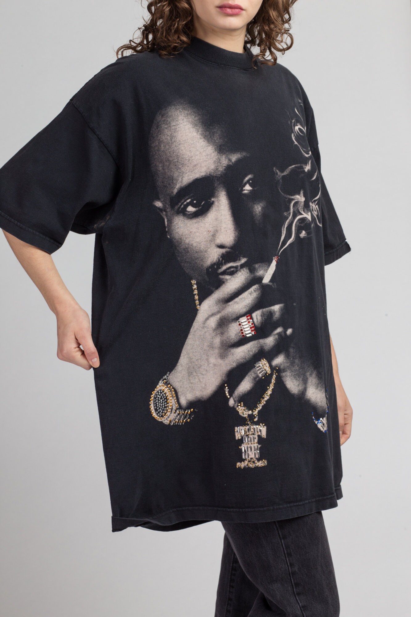 90s Tupac Shakur Jeweled Smoking T 